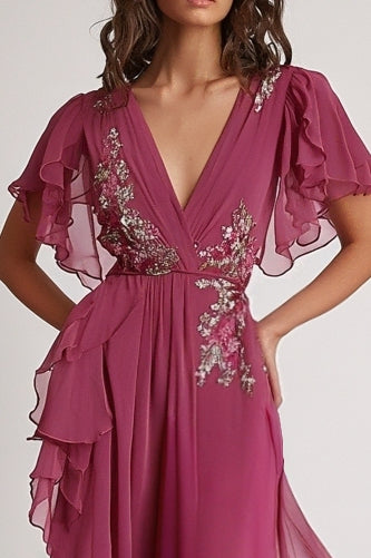 Embellished Dark Pink V Neck A Line Formal Dress with Ruffles